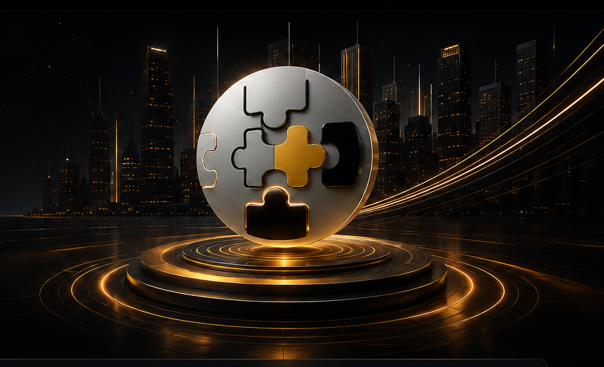 LaunchPoint metallic puzzle sphere over illuminated cityscape